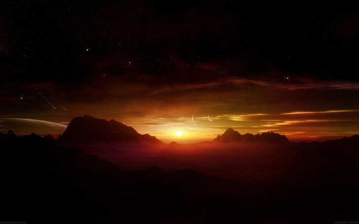 mountain and sunset illustration, planet, sky, digital art, beauty in nature