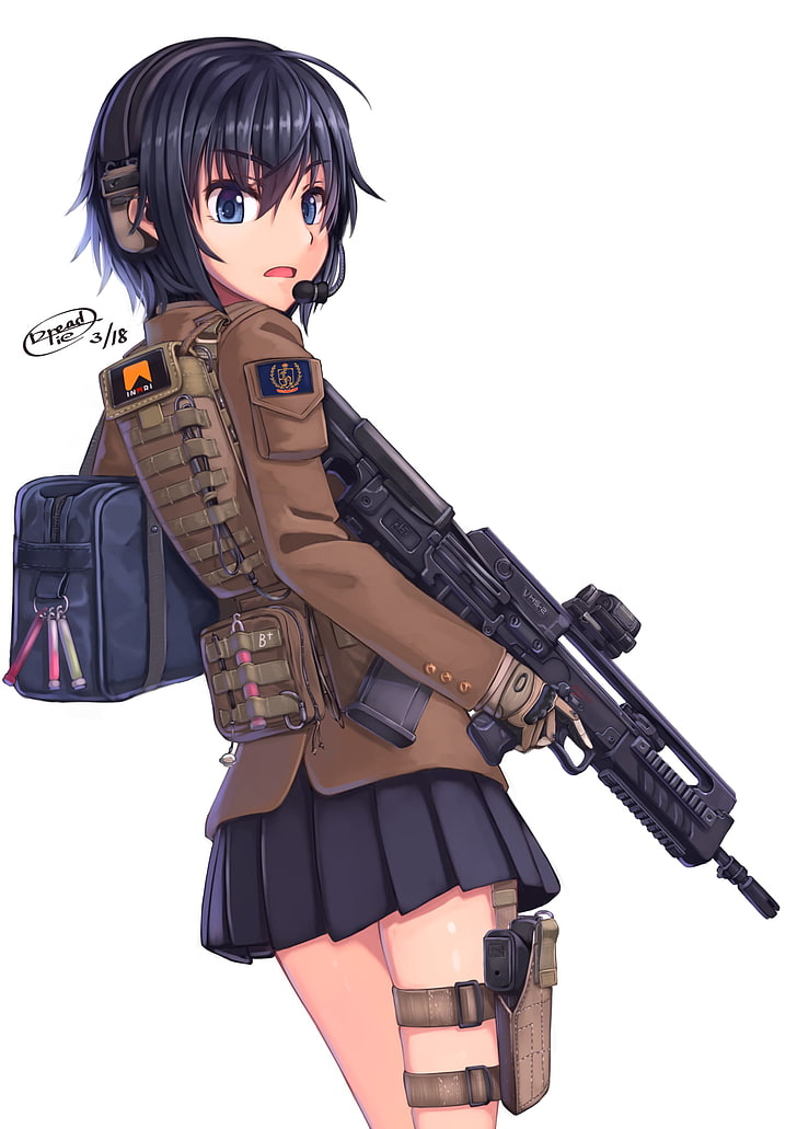 anime, anime girls, uniform, weapon, gun, original characters, HD wallpaper
