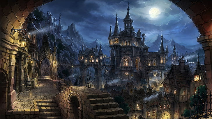 castle surrounded by village digital wallpaper, fantasy art, fantasy city