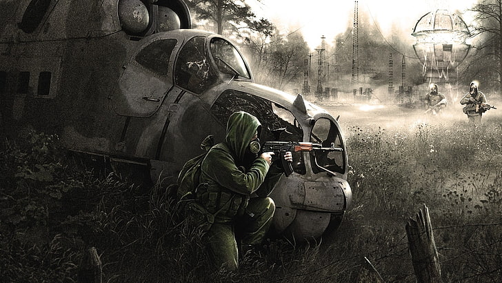 green hoodie and black rifle, apocalyptic, gas masks, Ukraine
