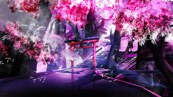 HD wallpaper: purple, anime, cherry trees, shrine, landscape | Wallpaper  Flare
