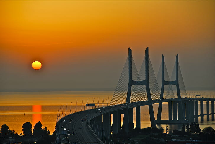 silhouette photo of concrete bridge, orange, orange, Sunrise, HD wallpaper