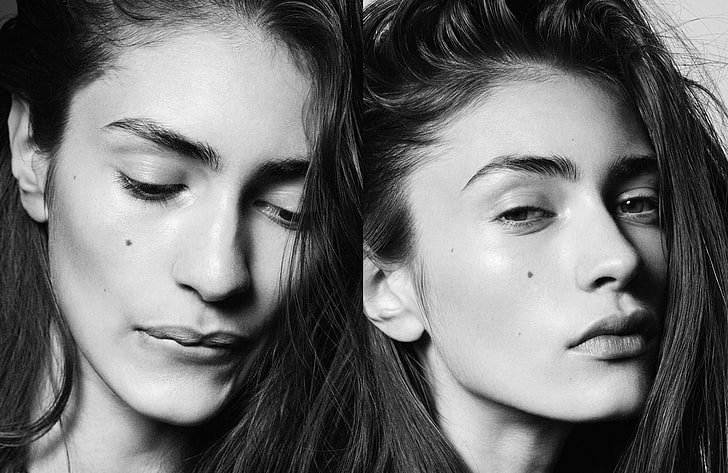 Marine Deleeuw, collage, monochrome, face, looking at viewer, HD wallpaper
