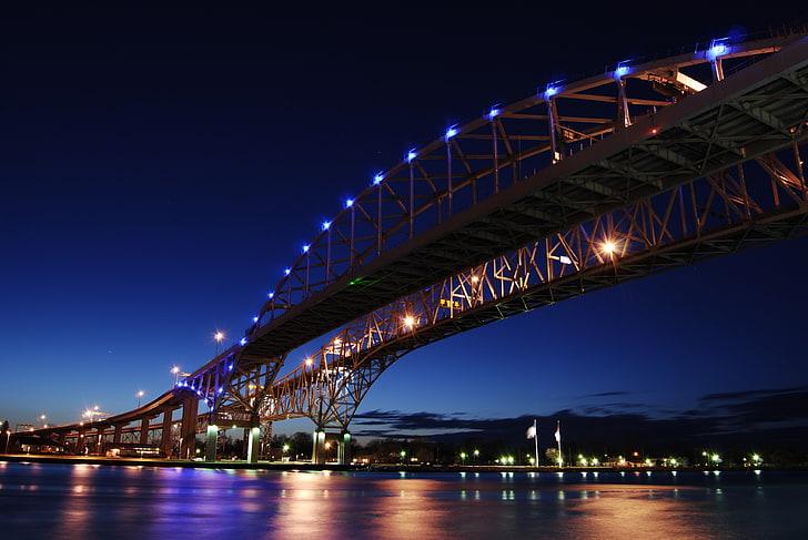 cityscape, bridge, Canada, Blue Water Bridge, night, architecture, HD wallpaper