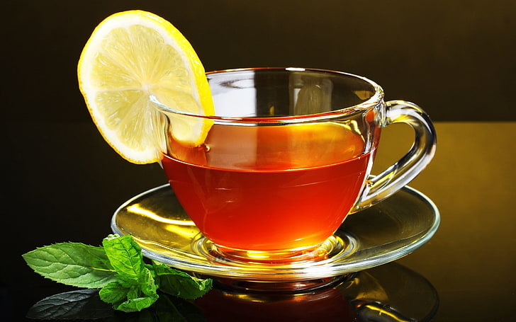clear glass teacup, lemon, mint, drink, tea - Hot Drink, leaf, HD wallpaper