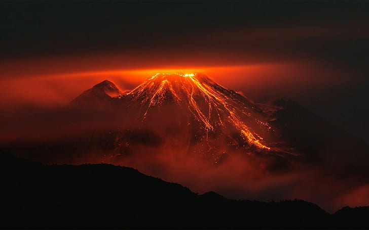 nature, orange, lava, volcano, night, landscape, red, volcanic eruption, HD wallpaper