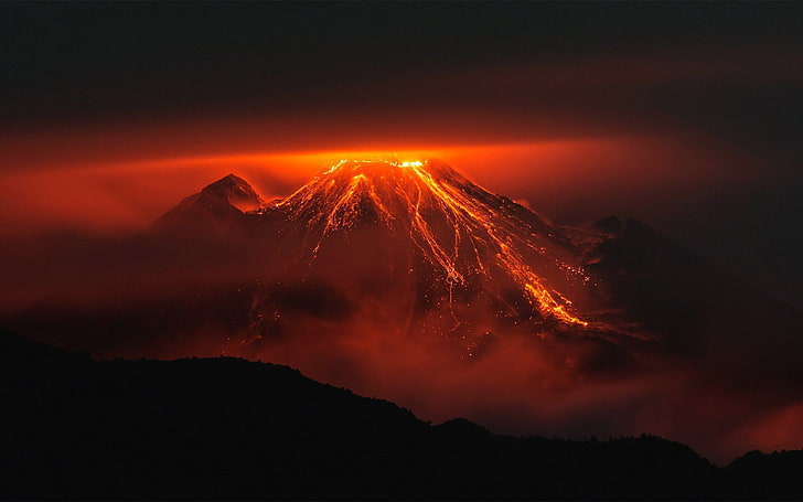 volcano, orange, nature, landscape, lava, night, silhouette, HD wallpaper
