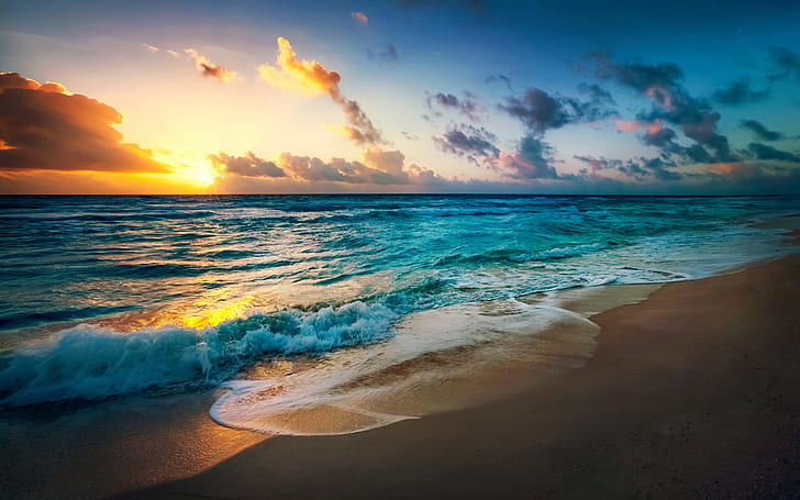Coast, sea, waves, sunset, clouds, silhouette photo of the seashore, HD wallpaper