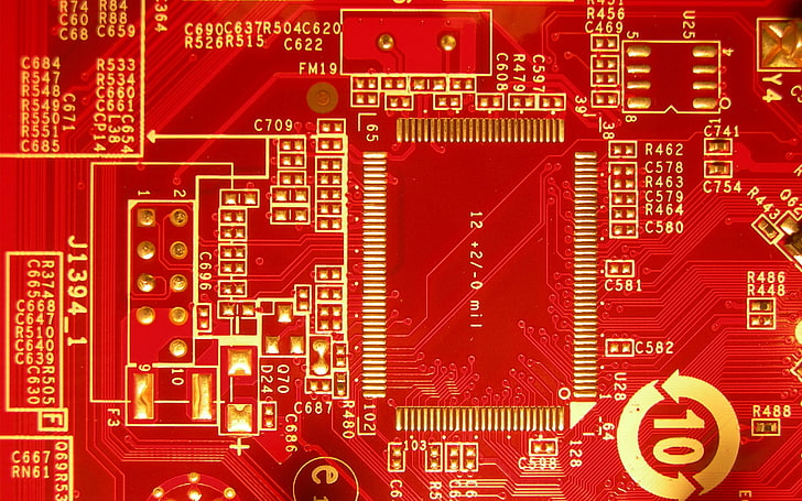 red circuit board, letters, chip, fee, figures, designation, technology