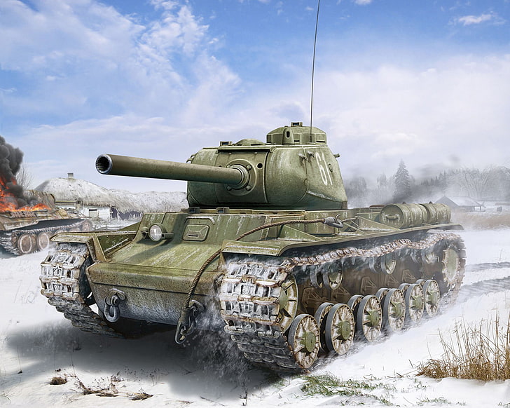 green military tank, winter, art, artist, lines, USSR, the battle, HD wallpaper
