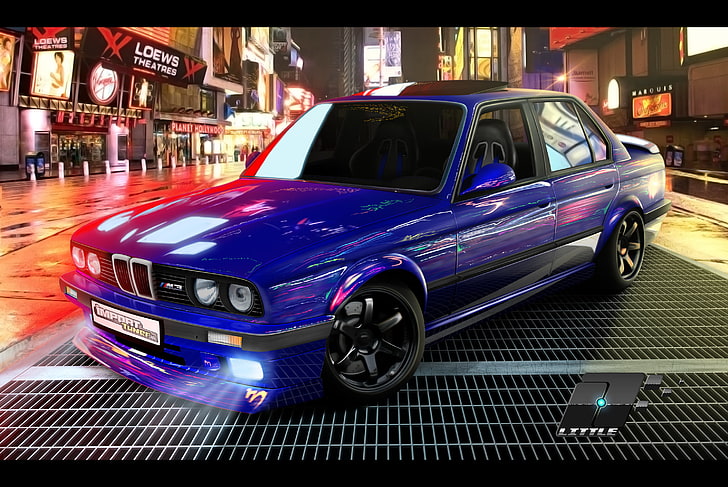 blue BMW M3, machine, night, street, tuning, time square, E30, HD wallpaper