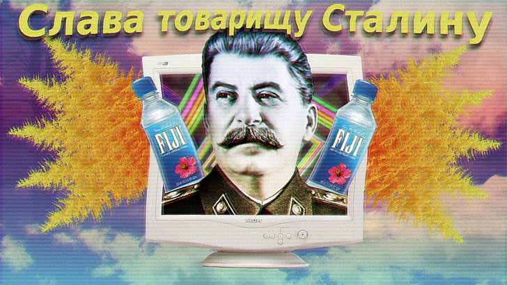 vaporwave, Joseph Stalin, humor, mustache, monitor, text, portrait