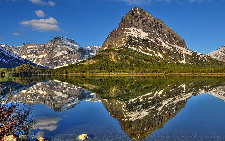 nature, landscape, mountains, reflection, lake, Swiftcurrent Lake, HD wallpaper
