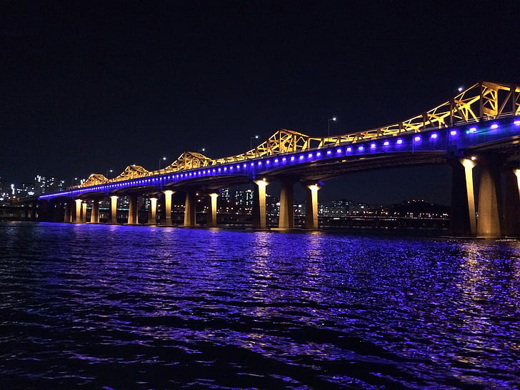 Korea, Han River, bridge, blue illumination, night, HD wallpaper