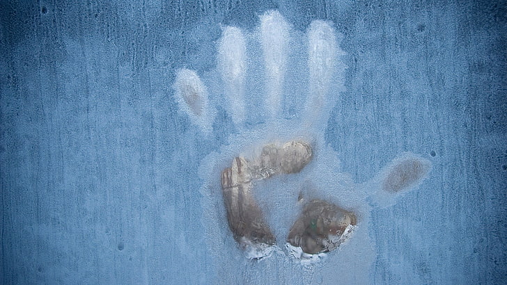 handprints, window, ze frame, ice, water drops, minimalism