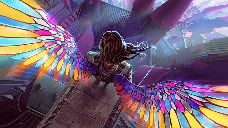 girl with multicolored wing illustration, fantasy art, artwork