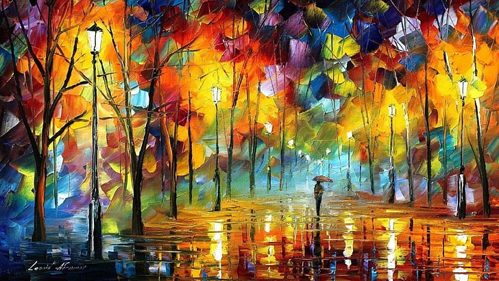 leonid afremov, painting, street, autumn, colorfull, rain, raining, HD wallpaper