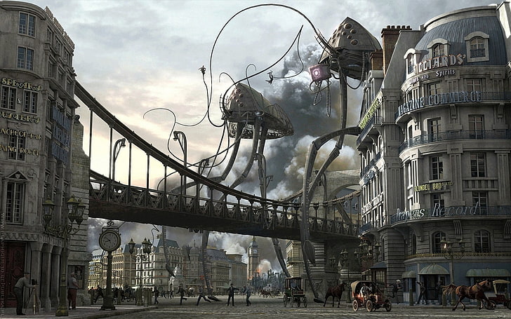 aliens, war, city, digital art, London, Big Ben, War of the Worlds