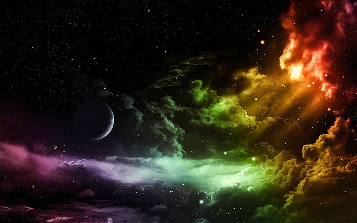 multicolored clouds with moon digital wallpaper, colorful, space