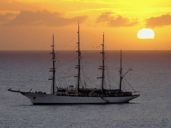 sailing ship, sea, Sun, vehicle, nautical vessel, transportation, HD wallpaper