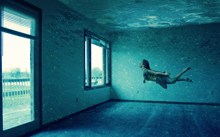 white window pane, surreal, swimming, underwater, cyan, sea, nature, HD wallpaper