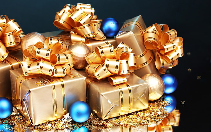 gray gift boxes, Christmas, New Year, presents, ribbon, Christmas ornaments