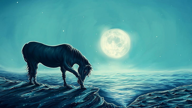 water, sky, moonlit, full moon, horse, wave, fantasy art, moonlight