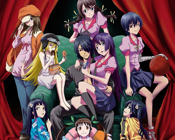 group of female anime character wallpaper, Monogatari (Series)