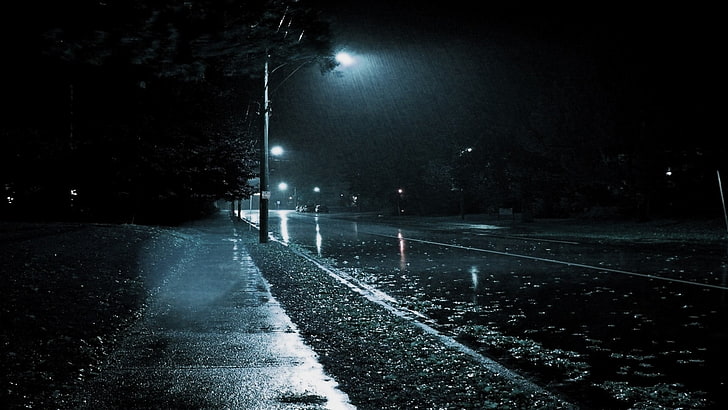 gray concrete road, rain, night, lights, illuminated, street
