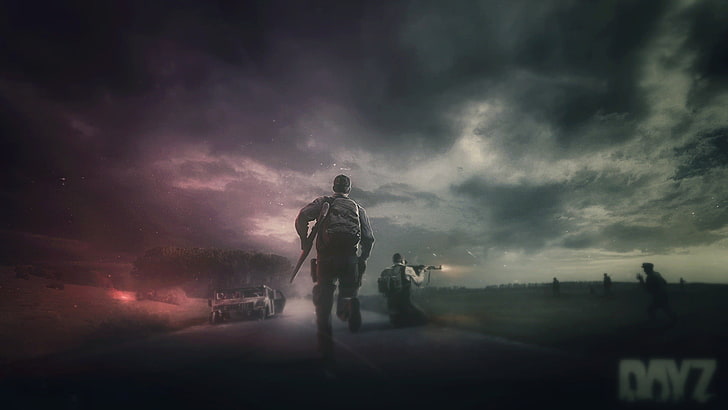 man holding rifle digital wallpaper, DayZ, video games, cloud - sky