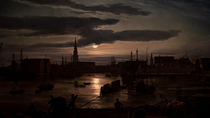 Copenhagen, harbor, moonlight, clouds, shipyard, HD wallpaper