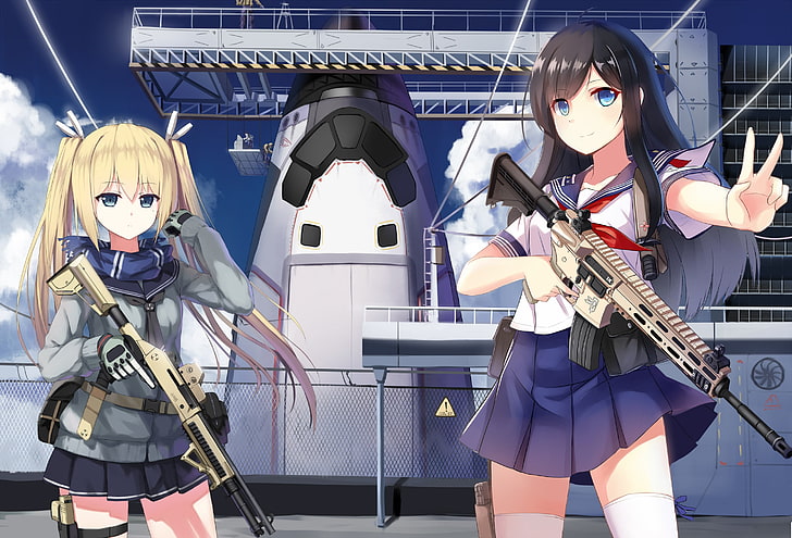 two female anime characters wallpaper, anime girls, school uniform