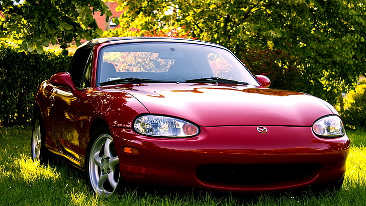 red Mazda car, mx5, grass, trees, MX-5, miata, Mazda MX-5 , mode of transportation, HD wallpaper