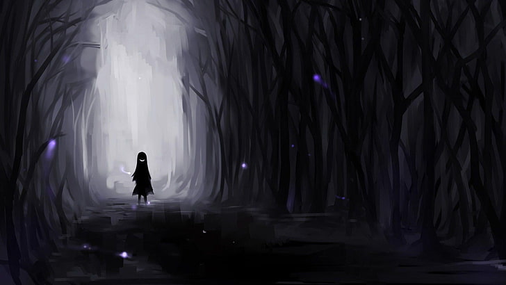 person standing in between trees painting, anime, dark, wood, HD wallpaper