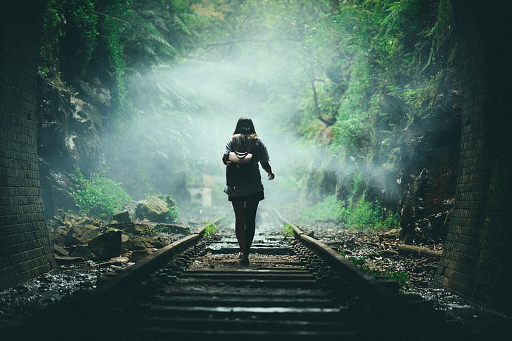 brown backpack, forest, women, women outdoors, photography, railway