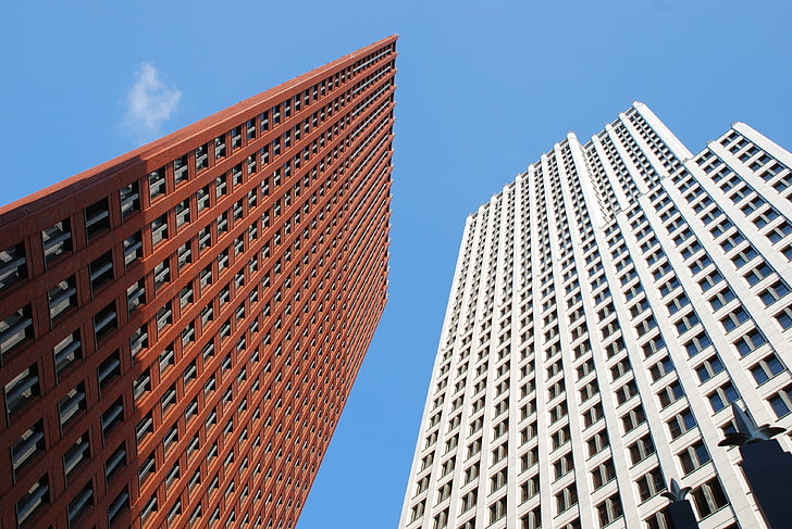 worm's eyeview of buildings, skyscrapers, architecture, urban Scene