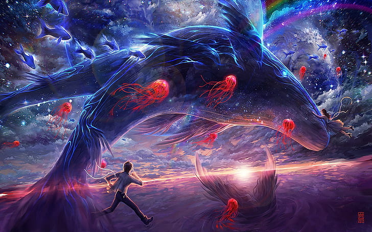 fantasy art, space, rainbows, jellyfish, 2D, digital art, whale
