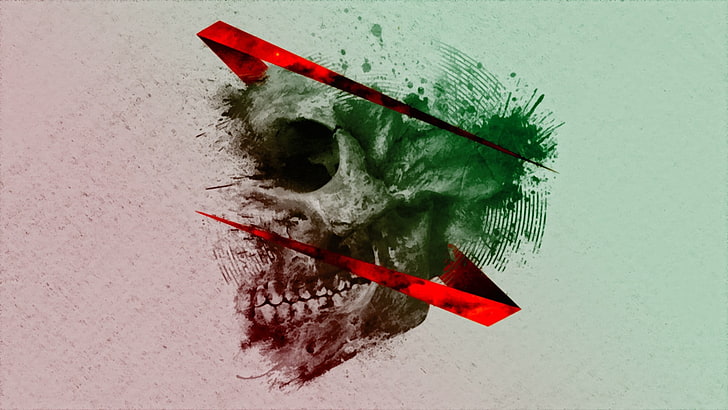 skull head artwork, red, no people, close-up, creativity, green color