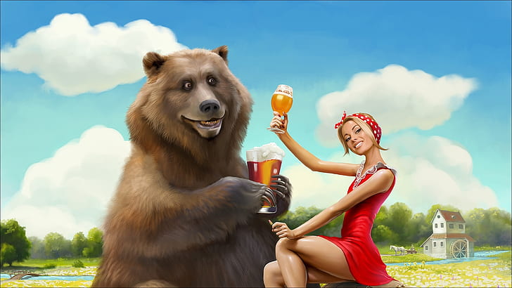 girl, Art, bear, beer, funny, picture, weekend, Situation, HD wallpaper