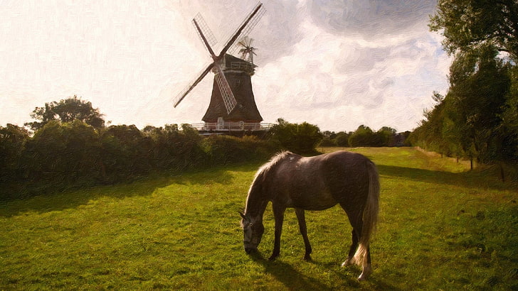 oil painting, windmill, horse, landscape, plant, field, grass