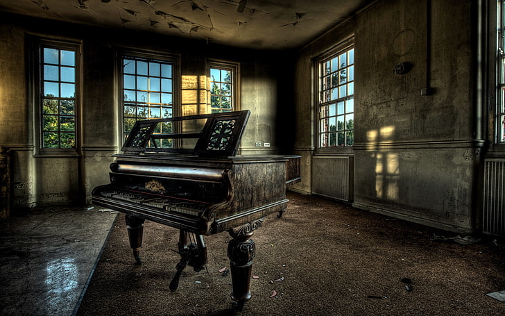brown and gray grand piano, background, room, old, indoors, musical Instrument