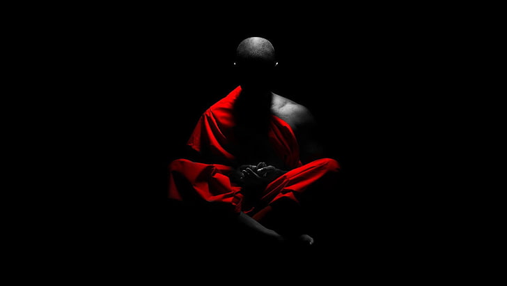 monk illustration, selective coloring, meditation, monks, black background