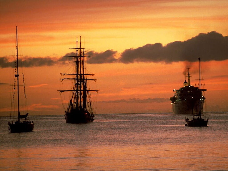 sunset, ship, sea, clouds, red sky, nautical vessel, water