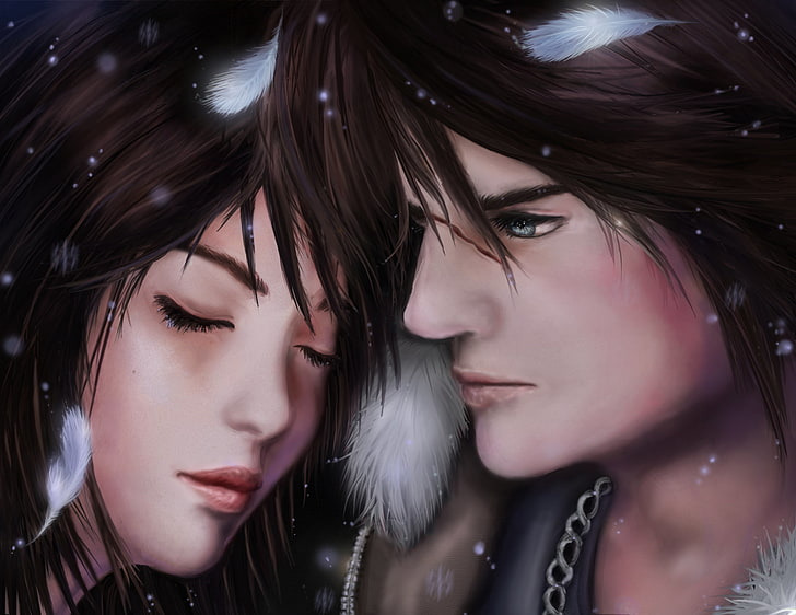 girl, feathers, face, guy, closed eyes, Squall, Final Fantasy VIII