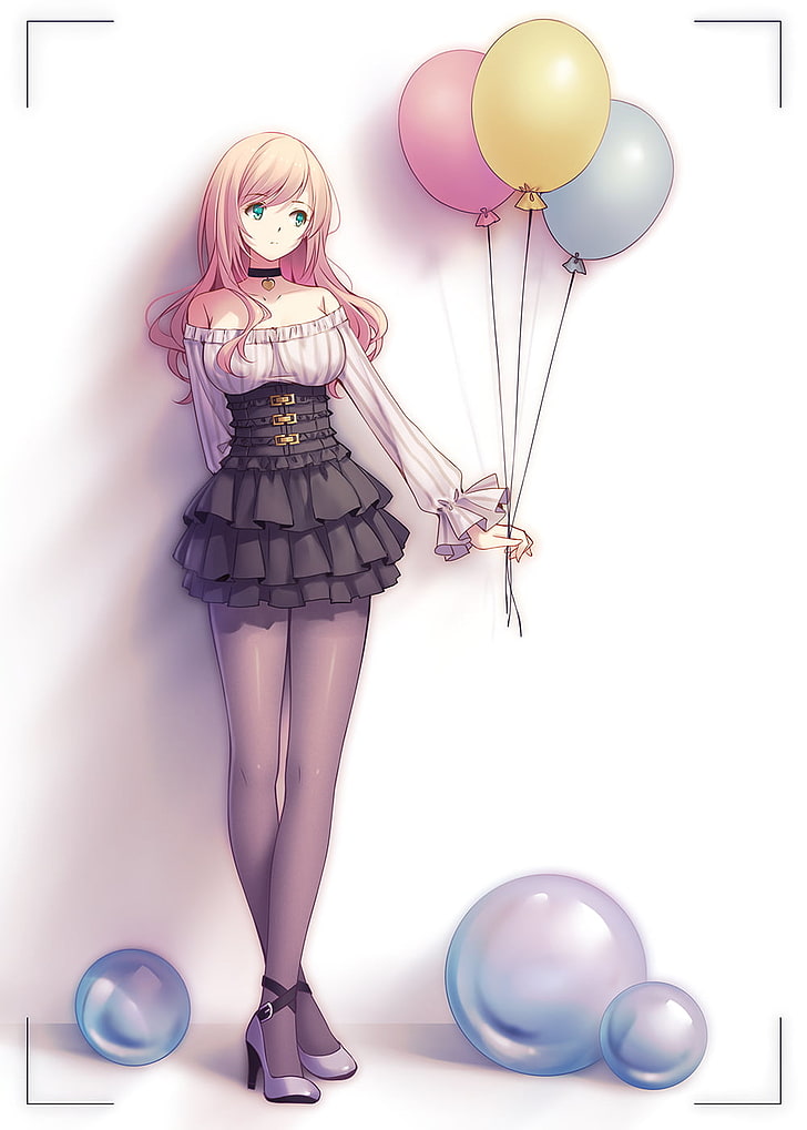 illustration of blonde haired girl holding balloons, long  legs