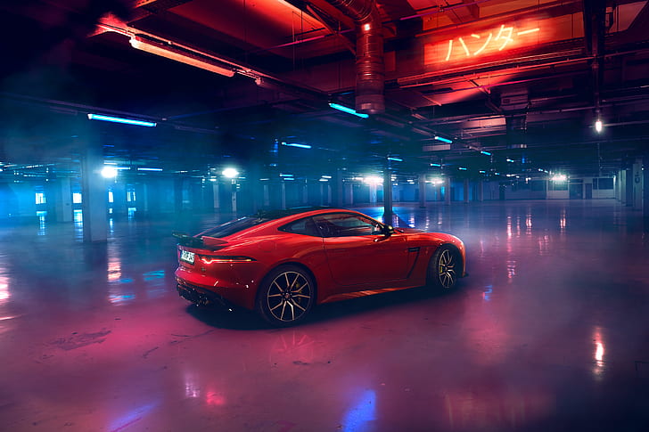 Jaguar F-Type, car, red cars, neon lights, luxury cars, parking lot