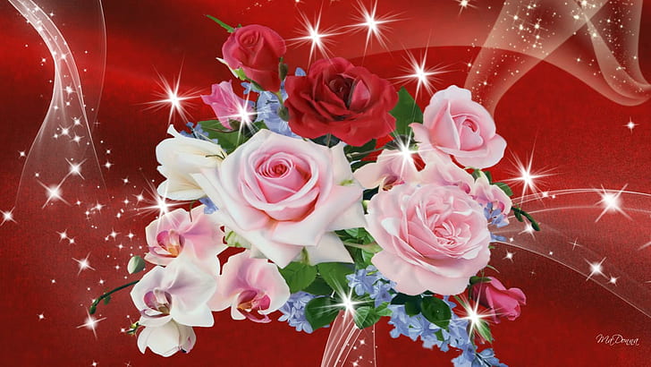 Valentines Bouquet For You, roses, romantic, stars, sweet peas