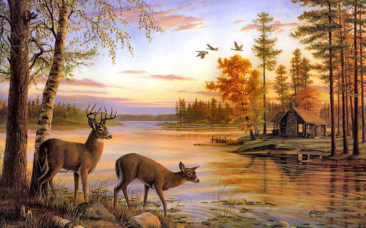 HD wallpaper: paintings landscapes nature forest birds deer artwork
