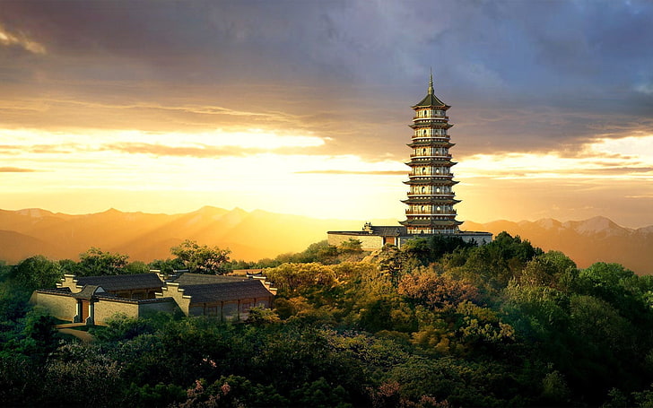 lighthouse painting, temple, pagoda, digital art, vector graphics, HD wallpaper