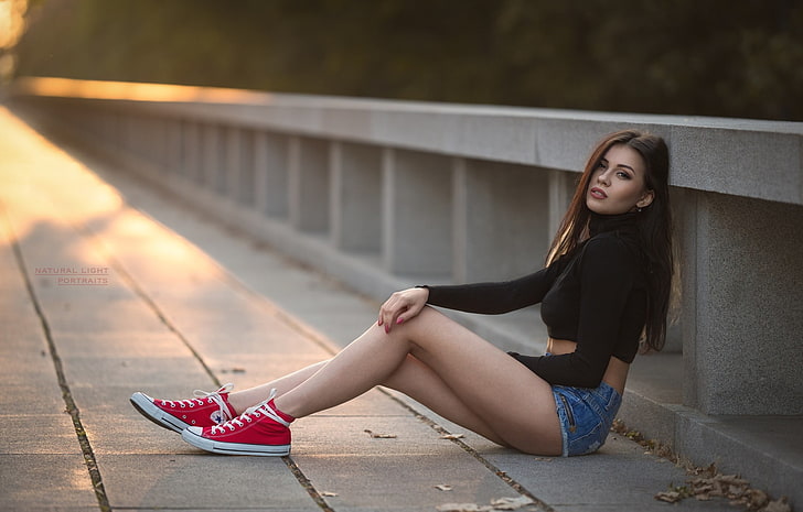 women, portrait, Converse, sunset, sneakers, jean shorts, looking at viewer